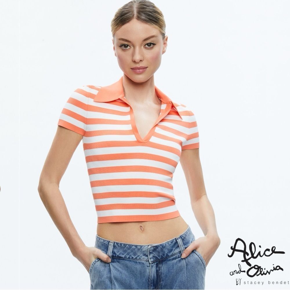 Alice + Olivia **NWT** Martha Striped Polo Orange Coral / Soft White